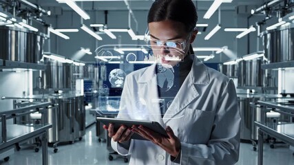 pharmaceutical engineer in lab coat using tablet, digital data monitoring, sterile production environment, stainless steel tanks, futuristic laboratory - Powered by Adobe