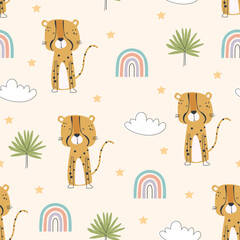 Seamless pattern with cute tiger, rainbow, cloud, star, and palm elements in soft pastel style. Vector illustration for textile, nursery decor, kids apparel, t-shirt prints, and wrapping designs