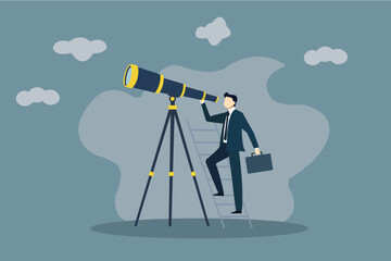 Businessman Looking Through Telescope on Ladder: Corporate Vision and Future Strategy Concept