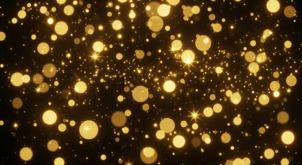 Golden bokeh lights float across a dark background with glowing sparkles. Perfect for party invitations, festive designs, holiday cards, or elegant celebration backgrounds.