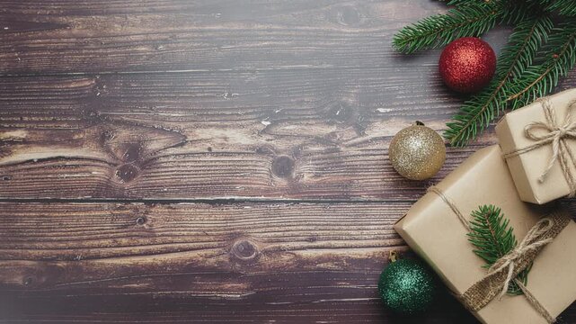 Christmas background with festive decorations, gifts, and fir branches on a rustic wooden table, perfect for holiday greetings and seasonal designs.