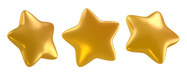 3D set of Golden Star in different angles. Glossy gold floating star for rating, reward, review, holiday, Birthday, or Christmas. 3d render on transparent background
