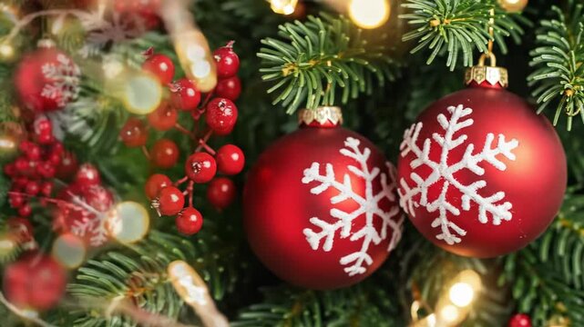 Christmas border frame with red ornaments, lights, and greenery