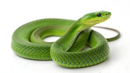 Fototapeta premium Vibrant green snake cut out isolated on white background With shadow. AI GENERATED. 