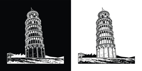 Naklejka premium Black and white illustration of the leaning tower of pisa on a black and white background