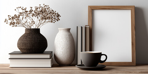 Cozy shelf vase with flowers and frame mockup