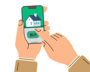 Buying house.&nbsp;Buyer, customer press the button BUY on phone. Deal sale and purchase of real, concept. Vector illustration. Money home.