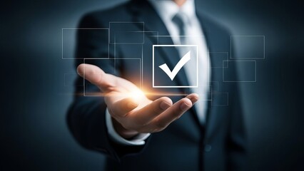 Businessman holding a digital checkbox with a check mark icon concept