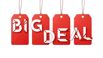Eye-catching red price tags prominently displaying 'BIG DEAL' text, symbolizing attractive discounts and special offers, perfect for shopping promotions, marketing campaigns, and retail advertisements