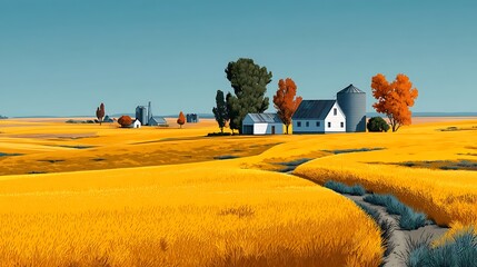 Serene golden fields and white farmhouse high resolution picture