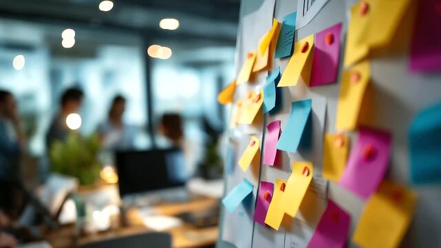Kanban wall with colorful sticky notes and progress indicators faceless workspace view defocused collaborative office background agile project management team efficiency visual