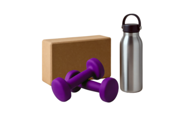 Essential gym kit: A yoga block, dumbbells plus a water bottle for a refreshing post-workout recovery. Active and hydrated today.