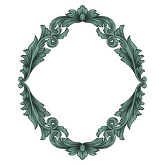 Vintage green baroque engraved ornament floral frame vector illustration. Retro floral ornate pattern decorative design tattoo