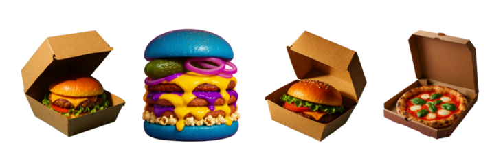 Unconventional array of fast food favorites featuring burgers and a pizza in their delivery boxes. The perfect meal for a quick bite and vibrant dining experience.