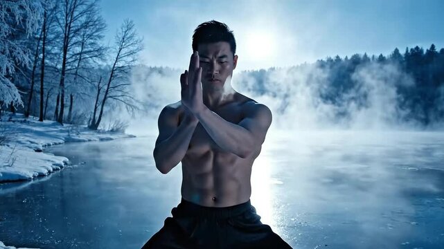 Muscular martial artist practices intense kung fu form barefoot on snowy riverbank against bright winter sun and mist