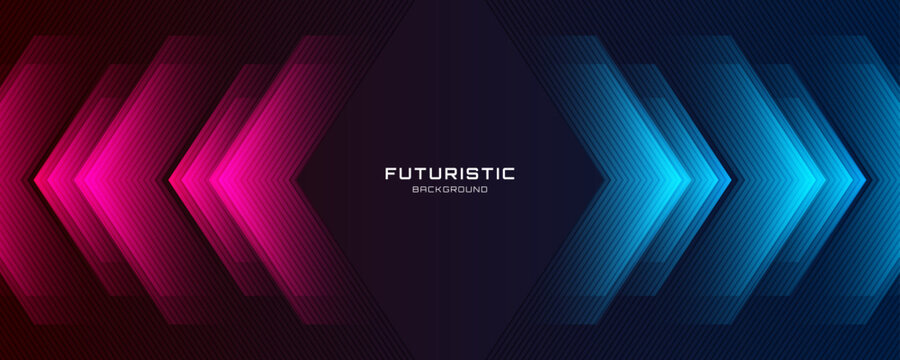 Blue pink abstract background overlap layer on dark space with glowing arrows effect decoration. Modern graphic design element lines style concept for web banner, flyer, card, or brochure cover