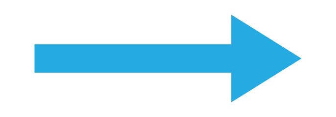 Obraz premium Bold long blue arrow icon. Flat style long blue arrow pointing to the right side. Horizontal long arrow isolated on white background.