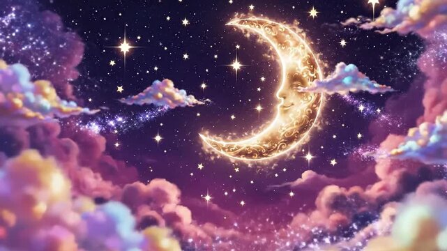 Dreamy Crescent Moon Face with Stars and Clouds in Night Sky.
