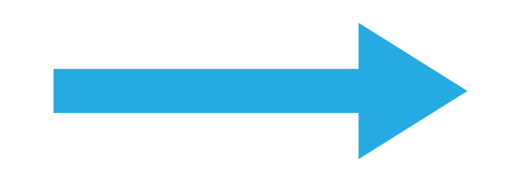 Bold long blue arrow icon. Flat style long blue arrow pointing to the right side. Horizontal long arrow isolated on white background.