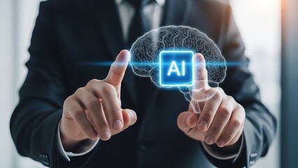Businessman Interacting with AI Brain Technology Concept