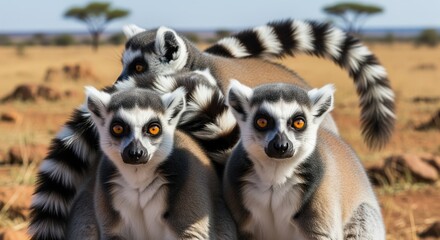 Three ring-tailed lemurs with striking black and white striped tails and bright orange eyes in their natural African savanna habitat. Perfect for wildlife content and nature themes.
