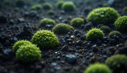 Green Moss Clusters on Rocky Ground
