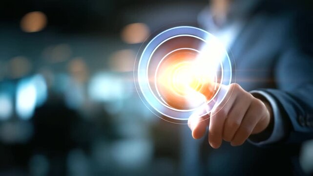 Asset management business technology button on virtual screen faceless businessman's hand interacting defocused office background internet concept visualization professional