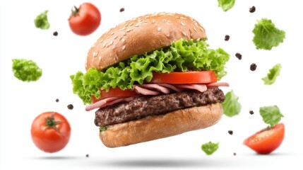 A flying burger with ingredients: bun, meat, bacon, tomatoes, and lettuce. White background, dynamic composition, concept of freshness and flavor.