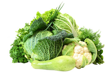 Fresh green vegetables on a white background isolated