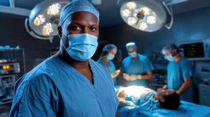 A surgeon in an operating room looks into the camera, while a team performs an operation in the background. Medical theme, sterile environment, professionalism.