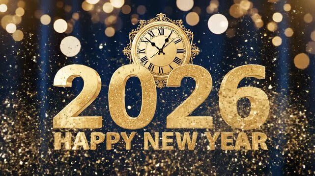 Golden 2026 celebration with clock and bokeh lights on dark background