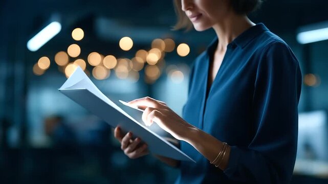 Faceless businesswoman's hands checking electronic documents on virtual screen defocused modern office background document management system process automation efficient