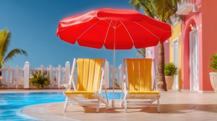 A vibrant poolside scene with yellow lounge chairs and a red umbrella against a backdrop of tropical palm trees and colorful houses. Summer, relaxation, vacation.