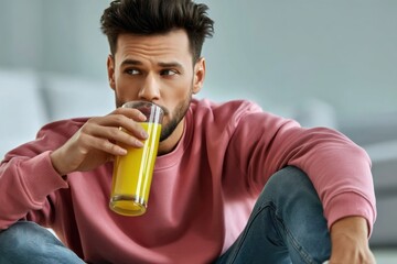 A man in a pink sweatshirt drinks juice while sitting in a relaxed pose. Home atmosphere, health, an everyday moment.