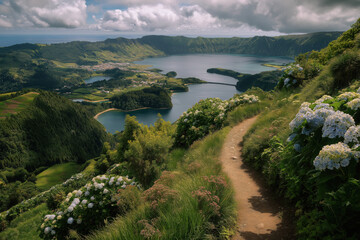 Scenic view of the Azores in Portugal with lush green hills, hydrangea-lined trail, volcanic lakes, and dramatic crater landscape under a partly cloudy sky