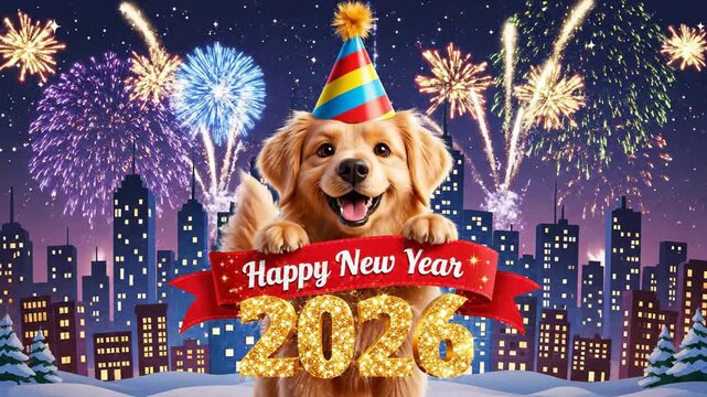 Dog with happy new year greeting and fireworks over city skyline