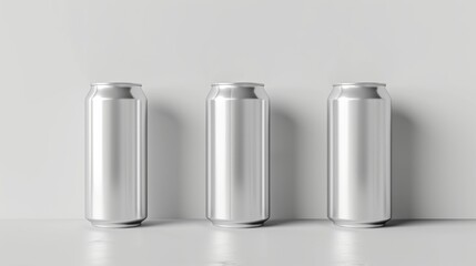 Three blank silver aluminum cans in a row. Metal beverage container mockup for packaging design. Copy space for text
