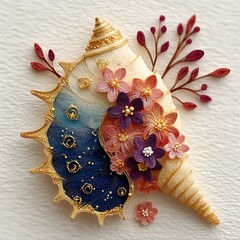 Unique seashell decorated with delicate blossoms high resolution picture