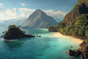Tropical beach and emerald waters of Palawan Philippines with dramatic limestone cliffs and lush island scenery