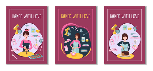 Set of baking posters with a bakers preparing desserts. Kitchen tools and ingredients. Perfect for bakery backgrounds, advertisement, dessert recipes, cooking classes, and food blogs.