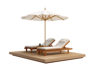 Luxury Resort Sunbeds and Parasol on Wooden Deck on a transparent background