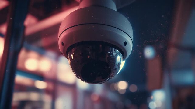 Revealing dome security camera capturing dust motes as right backlight rising at entrance