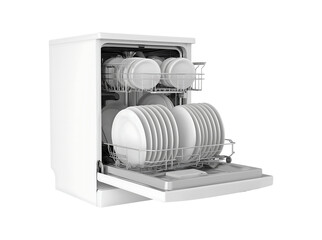 Modern White Dishwasher Full of Sparkling Clean Dishes on a transparent background