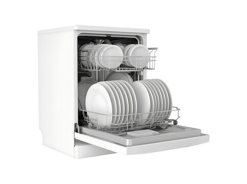 Modern White Dishwasher Full of Sparkling Clean Dishes on a transparent background