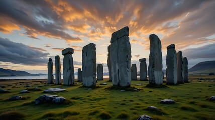 Ancient Standing Stone Circle in a Grassy Landscape at Sunset with Dramatic Golden Clouds for History, Archeology, and Mystical Concept Photography.