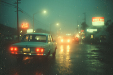 a grainy, blurry photograph of lights on the roof of an old car at sunset, in the style of tarkovsky's polaroid photography