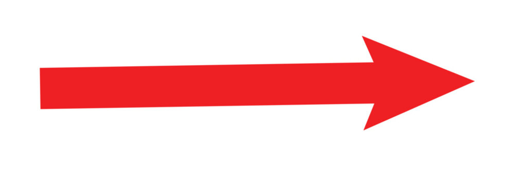 Red long abstract arrow head icon. Straight line long arrow pointing to the right side. Horizontal red arrow isolated on white back ground.