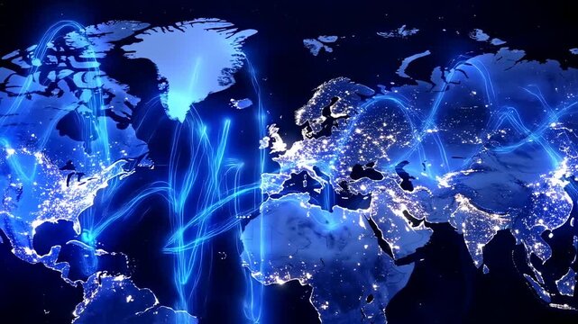 A luminous blue global map depicting interconnected networks and illuminated city lights