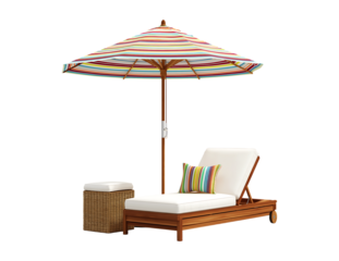Luxury wooden chaise lounge and colorful striped umbrella on a transparent background