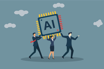 Business Team Lifting Giant AI Chip: Corporate Artificial Intelligence and Technology Innovation Concept